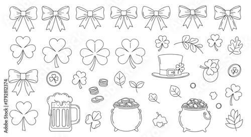 Collection of Irish themed icons including shamrocks, bows, a beer mug, and a pot of gold.