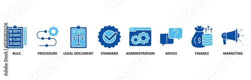 Guideline icon set In Blue Style vector illustration for rule, procedure, legal document, standard, administration, advice, finance, marketing