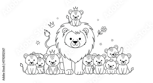 A proud lion father with his adorable cubs, all wearing crowns, in a whimsical forest setting.