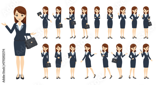 Collection of diverse businesswomen in professional attire striking various poses and holding accessories.