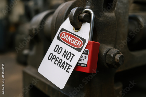 Serious warning on an industrial lockout tag with red safety padlock attached to heavy metal machinery. danger label reads do not operate, crucial workplace protocol