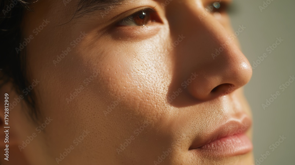 Obraz premium Close-up of a man's face highlighting natural skin texture in soft light