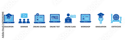 Online training icon set In Blue Style vector illustration for education, seminar, online course, online test, online class, workshop, graduation, certification�