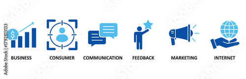 B2C icon set In Blue Style vector illustration for business to consumer concept of marketing with communications, feedback, marketing, and internet icon