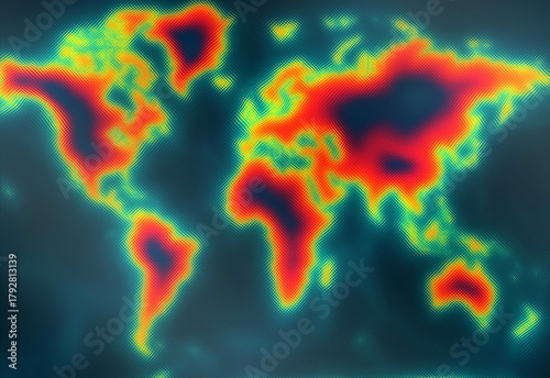 Abstract heat map world map showing global data intensity with red and orange high activity regions, cooler blue oceans, and a bold visualization for analytics storytelling