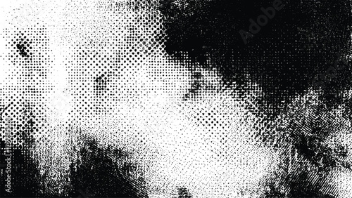black and white halftone dots grunge texture overlay, rough aged comic book screen print paper effect background.