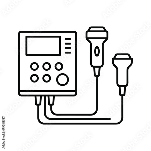 Line art icon of an ultrasound machine with two probes, representing medical imaging and diagnostics