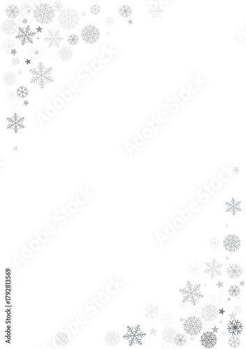 Christmas snowflakes corners background. Winter silver snow falling minimal letter, greeting card decoration. Vector illustration