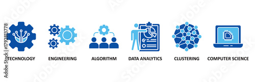 Machine learning icon set In Blue Style vector illustration for technology, engineering, algorthm, data analytics, clustering and computer science