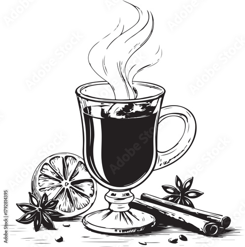 Mulled Wine, Hand-drawn Sketch Drawing Vector Illustration, Line Linear Symbol Engraving Coloring Book, Black and White Isolated