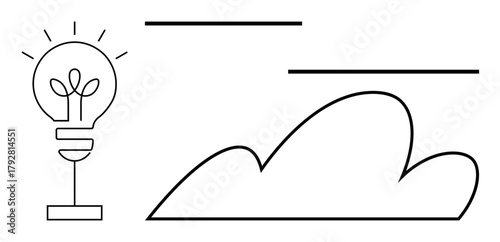 Light bulb with plant sprout symbolizing growth and innovation, next to abstract cloud shapes. Ideal for sustainability, creativity, innovation, growth, eco-friendly, minimalism, and development