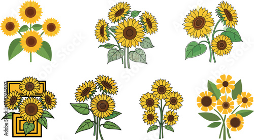 Beautiful sunflower bouquet illustrations, summer floral art, botanical nature design, bright yellow flowers, home garden decoration