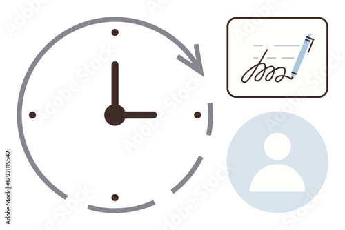 Clock with arrow indicating time flow, signature box with pen representing documentation, and user icon. Ideal for time management, deadlines, contracts, scheduling, productivity, organization