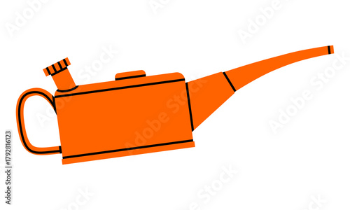 Hand drawn cute illustration of vintage oil can. Flat vector car lubrication container doodle. Oiler with motor oil sticker, icon. Auto grease tool. Automotive workshop or service. Isolated.