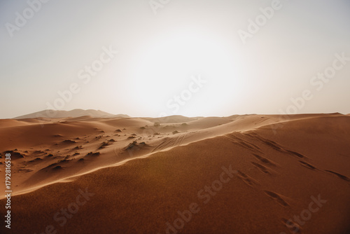 Sand dunes in the Sahara Desert at dusk, Merzouga, Errachidia Province, Draa-Tafilalet region, Morocco