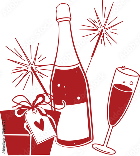 New Year ready-to-use festive composition with champagne, gift, bow, glass and sparklers in red color and line art doodle style