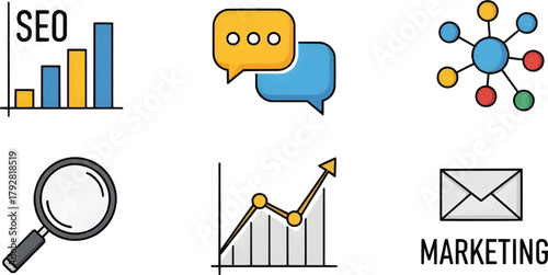 Search engine optimization (SEO) and digital marketing icons: magnifying glass, charts, keywords. Great for web services.