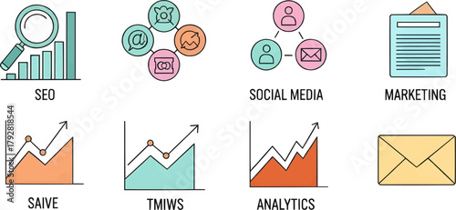 Colorful vector set of icons representing data analysis, growth charts, reporting, and teamwork in business.