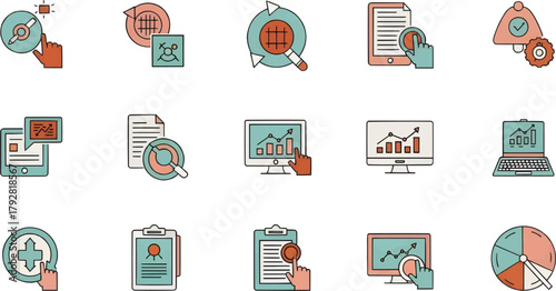 Vector icons related to corporate documents, paperwork, folders, and data storage. Useful for office and administration concepts.