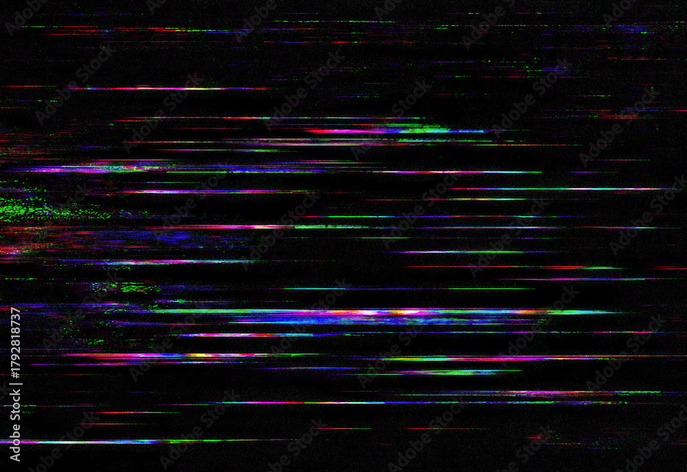 Obraz premium Abstract glitch art with colorful horizontal streaks across a dark background, creating a high tech digital aesthetic suitable for backgrounds, design projects, and futuristic visuals.