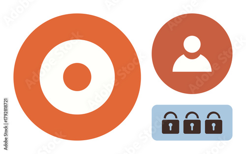Red target, user avatar, and locks symbolize focus, personalization, data security, and privacy. Ideal for security, privacy, user access cybersecurity goal setting protection simple flat