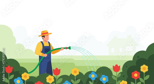 This flat design vector illustration shows a cheerful gardener watering a vibrant flower bed with a garden hose. The scene captures the beauty of plant maintenance in a clean, modern aesthetic.