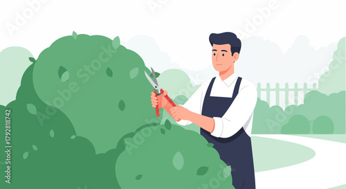 A flat design vector illustration depicts a man carefully pruning a large garden bush with hand shears. This clean and modern artwork highlights the precision and care involved in garden maintenance.
