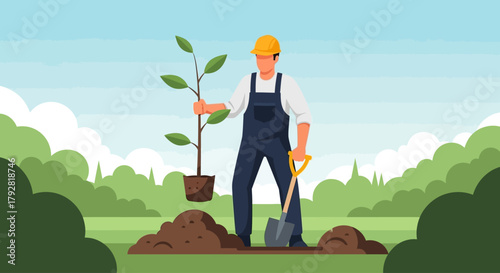 This flat design vector illustration shows a man carefully planting a sapling, symbolizing growth and environmental care. The clean, modern aesthetic captures the essence of reforestation and gardenin