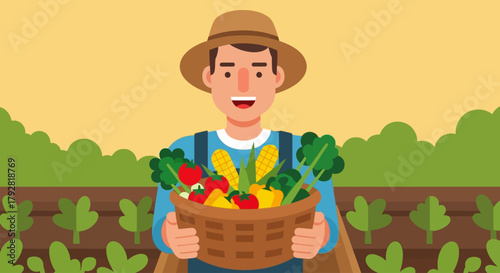 A flat design vector illustration captures a man proudly holding a basket filled with freshly harvested vegetables from his garden. This clean artwork celebrates the bounty of home gardening.