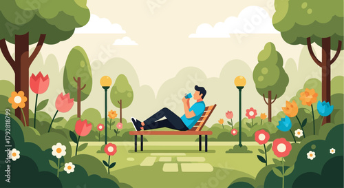 This flat design vector illustration shows a man relaxing in his beautifully maintained, flourishing garden. The clean artwork conveys a sense of peace, enjoyment, and the rewards of gardening efforts