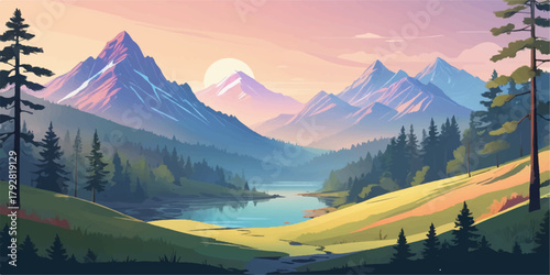 Sunset mountain environment with reflective water, pine trees, green grass and depth layers, ideal for landscape backgrounds, travel marketing, and environmental design projects.