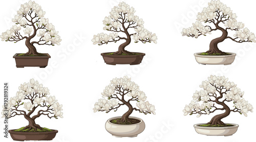 Beautiful White Bonsai Trees in Pots, Artistic Miniature Garden Plants, Decorative Nature Illustration, Zen Garden Style, Tranquil Design