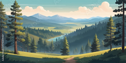 Mountain valley illustration featuring layered hills, river curves, and evergreen trees under soft daylight, suitable for nature branding, travel designs, and outdoor digital artwork.
