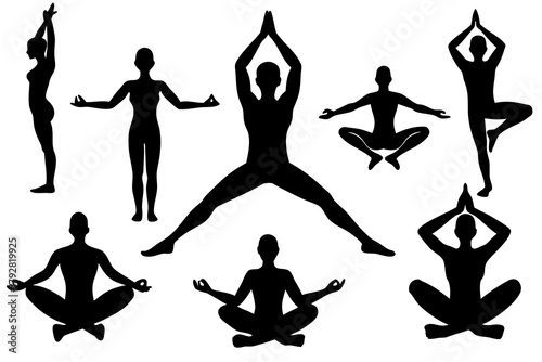 set of Person doing yoga pose silhouette vector 