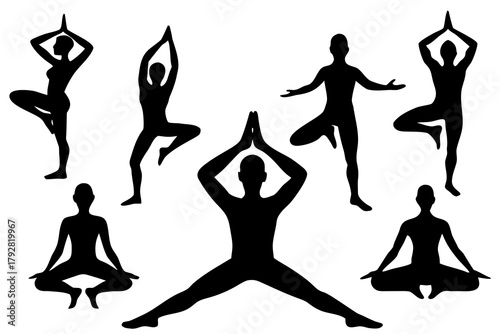 Person doing yoga pose silhouette pack isolated on white background