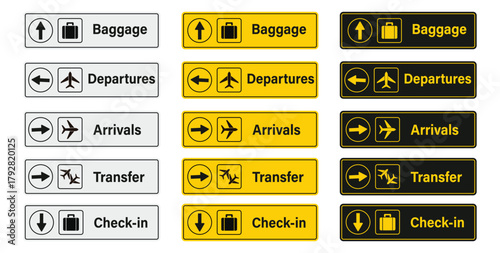 Airport sign vector with arrivals, departures, baggage claim, and transfer directions, information board signs for airport navigation, check-in and travel guidance panel.