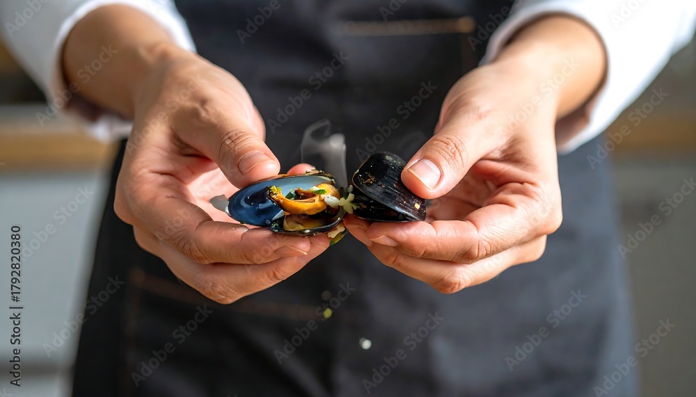Fototapeta premium Hands holding steaming mussels with vibrant blue interiors and herbs, in a dark apron on a blurred background
