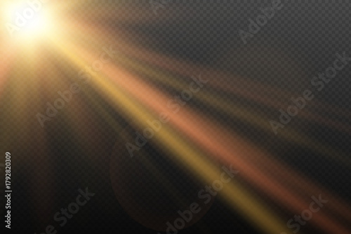 Bright sun in the upper left corner with long golden, yellow, and red rays across the illustration, with soft glows, sparkles, and light effects on a checkered background.