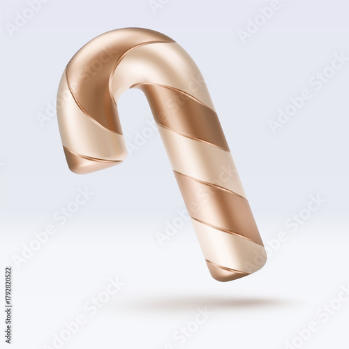 Golden candy cane with gold and white stripes and shadow. Christmas vector illustration for postcard, business card, decor, design, arts, party, sale, advertising