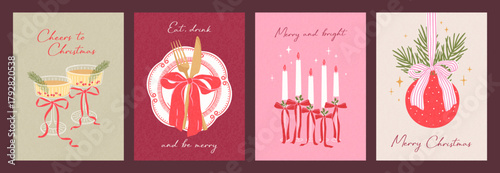 Hand drawn cards set of Merry Christmas. Vintage illustration with glasses of champagne, dinner plate, candles, Christmas tree branches and ball. Trendy design for poster, cover, invitation, banner