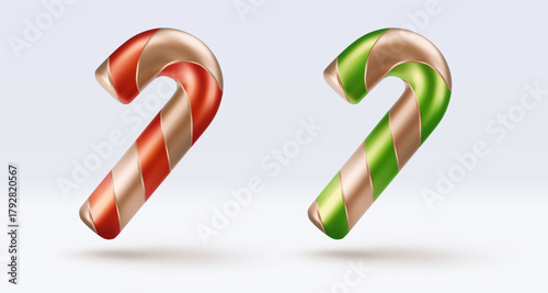 Set golden candy cane with red and green stripes and shadow. Christmas vector illustration for postcard, business card, decor, design, arts, party, sale, advertising