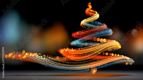 Abstract colorful bokeh light composition forming spiral pattern resembling a holiday tree, no physical objects.