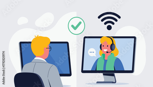 Seamless Video Conference and Remote Communication: Flat Design Vector Illustration of Two People in a Virtual Meeting, Highlighting Online Connectivity and Collaboration 