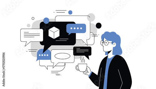 Digital Communication and Business Discussion: Flat Design Vector Illustration of a Woman with Coffee, Surrounded by Chat Bubbles, Messages, and Ideas Exchange