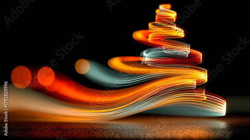 Abstract colorful bokeh light composition forming spiral pattern resembling a holiday tree, no physical objects.