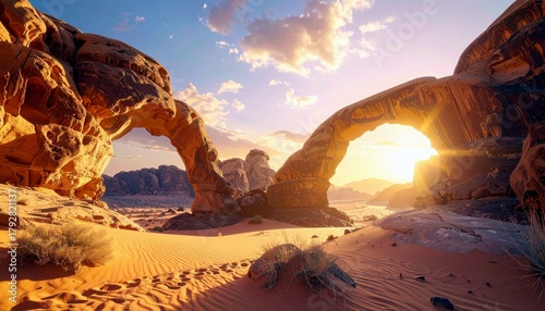 Fototapeta Naklejka Na Ścianę i Meble -  A vast desert landscape bathed in the warm glow of sunset, featuring prominent natural rock arches and sand dunes.