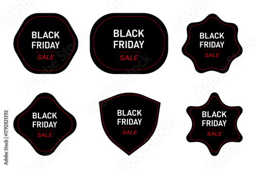 Black Friday sale badge collection with red outline on black shapes for discount advertising and marketing design