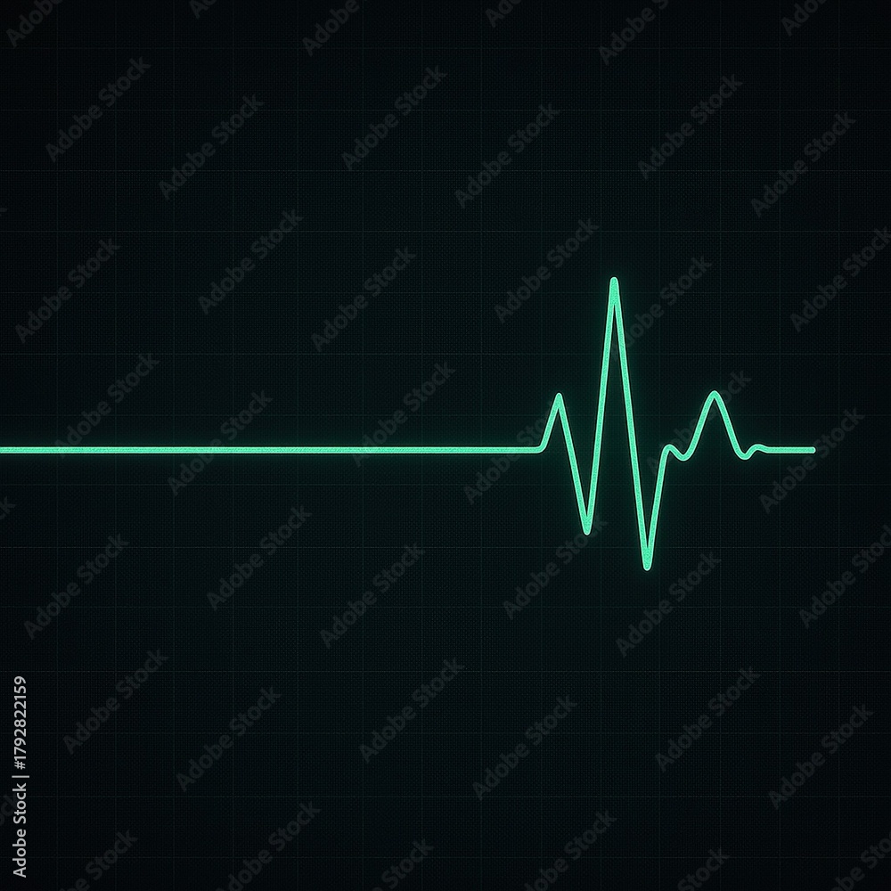 Naklejka premium An electrocardiogram line against a dark background shows a flat tracing that suddenly becomes active, creating bright, neon-green spikes. It represents the return of life, energy, and hope.