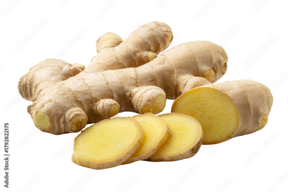 Fototapeta premium Fresh ginger root and ginger slices with bright color . Isolated on transparent background, png