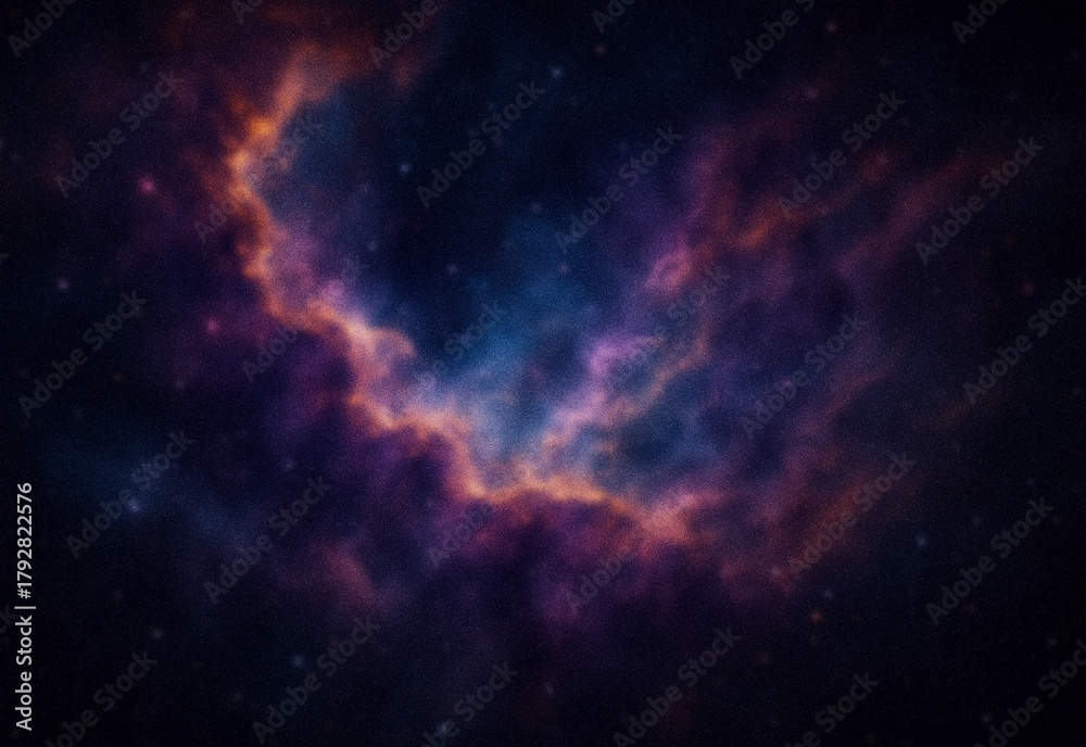 Naklejka premium Vivid nebula and star field in deep space with swirling pink, purple and blue gas and glowing edges, a striking cosmic scene suitable for science, technology and design projects